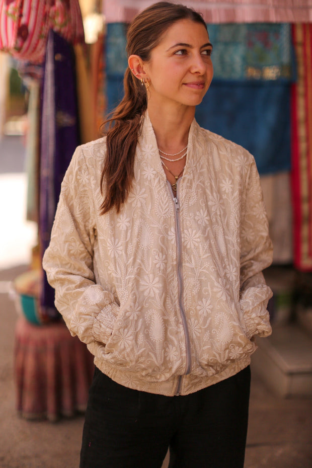 EMBROIDERED SILK BOMBER JACKET GINA - sustainably made MOMO NEW YORK sustainable clothing, bestseller slow fashion