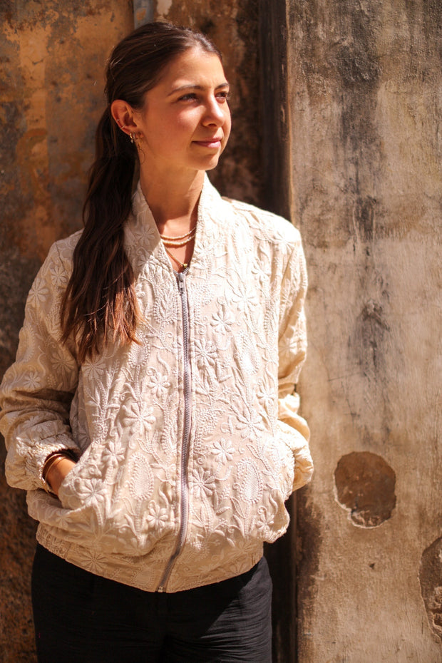 EMBROIDERED SILK BOMBER JACKET GINA - sustainably made MOMO NEW YORK sustainable clothing, bestseller slow fashion