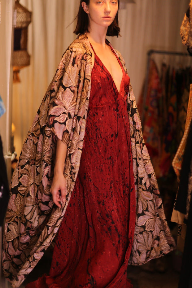 EMBROIDERED SILK NOVELTY KIMONO BEAMS - sustainably made MOMO NEW YORK sustainable clothing, Kimono slow fashion