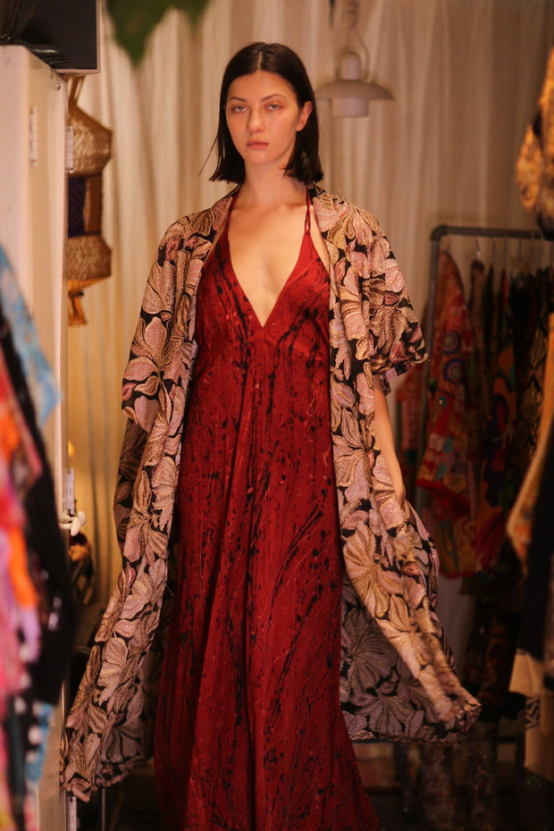 EMBROIDERED SILK NOVELTY KIMONO BEAMS - sustainably made MOMO NEW YORK sustainable clothing, Kimono slow fashion