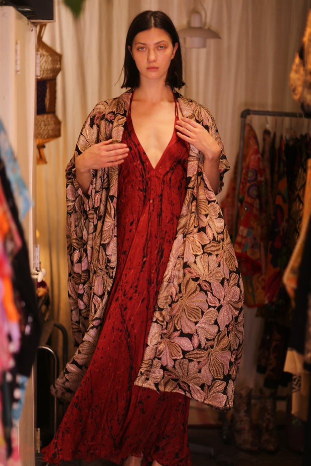 EMBROIDERED SILK NOVELTY KIMONO BEAMS - sustainably made MOMO NEW YORK sustainable clothing, Kimono slow fashion