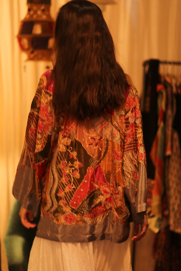 EMBROIDERED SILK SHORT KIMONO CARINE - sustainably made MOMO NEW YORK sustainable clothing, kimono slow fashion