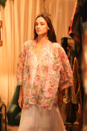 FEATHER FRILL SHORT KIMONO LORILA - sustainably made MOMO NEW YORK sustainable clothing, kimono slow fashion