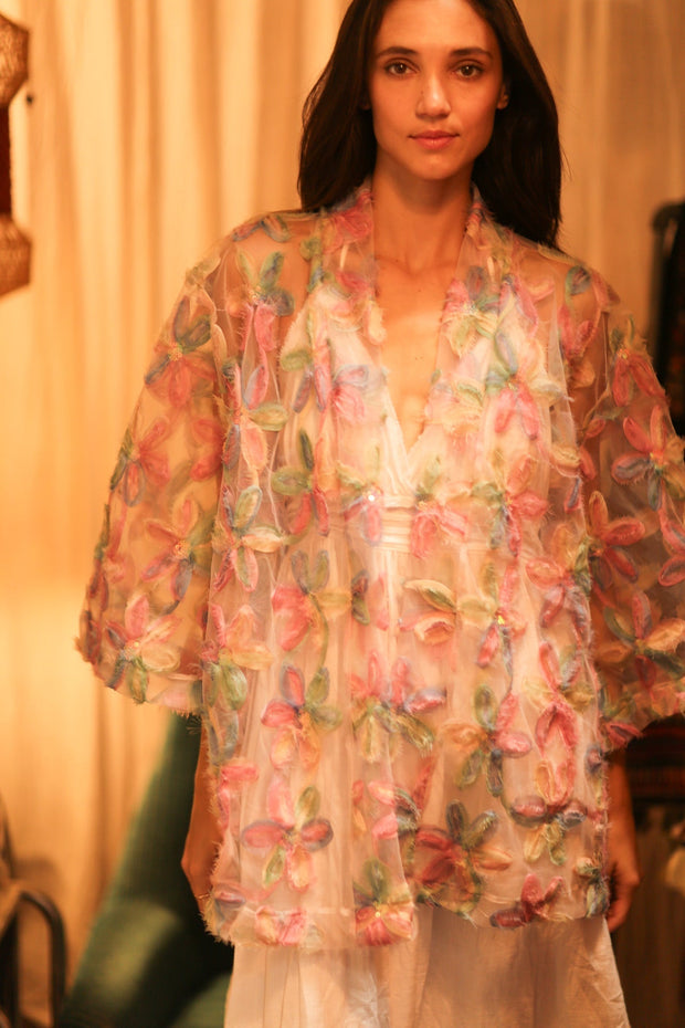 FEATHER FRILL SHORT KIMONO LORILA - sustainably made MOMO NEW YORK sustainable clothing, kimono slow fashion