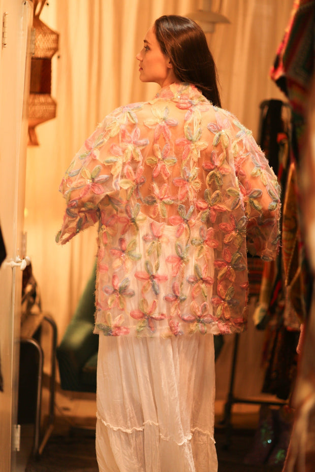 FEATHER FRILL SHORT KIMONO LORILA - sustainably made MOMO NEW YORK sustainable clothing, kimono slow fashion