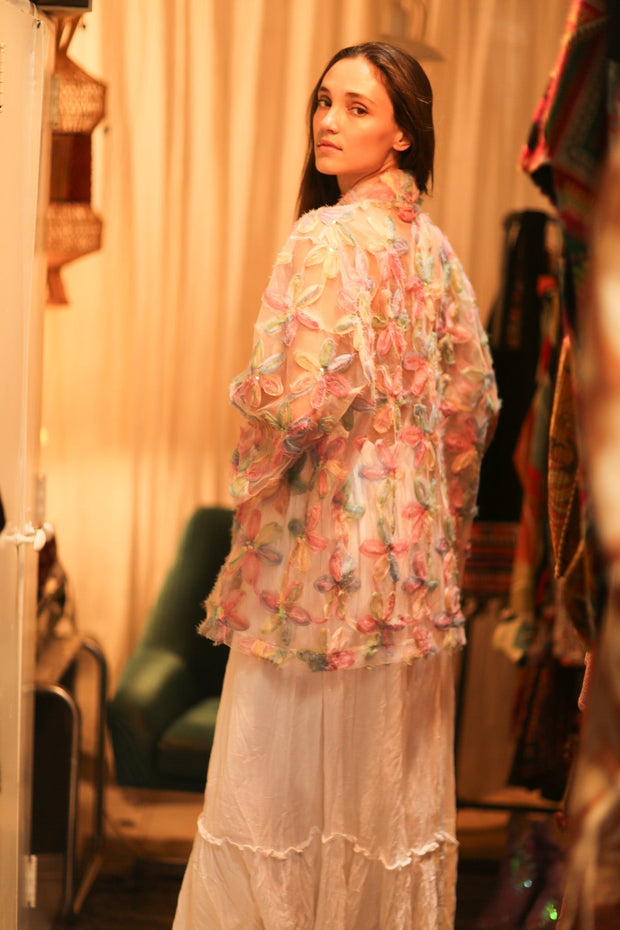 FEATHER FRILL SHORT KIMONO LORILA - sustainably made MOMO NEW YORK sustainable clothing, kimono slow fashion