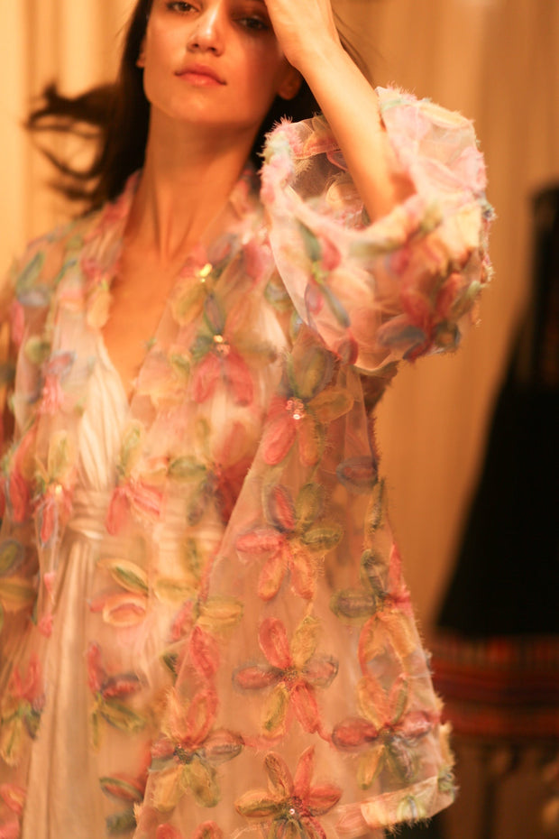 FEATHER FRILL SHORT KIMONO LORILA - sustainably made MOMO NEW YORK sustainable clothing, kimono slow fashion