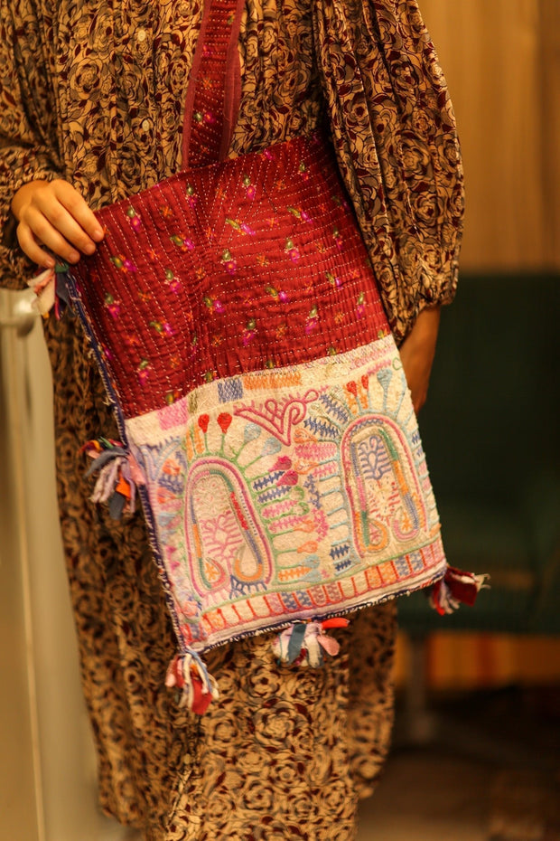 FIONA EMBROIDERED PATCHWORK BAG - sustainably made MOMO NEW YORK sustainable clothing, bag slow fashion