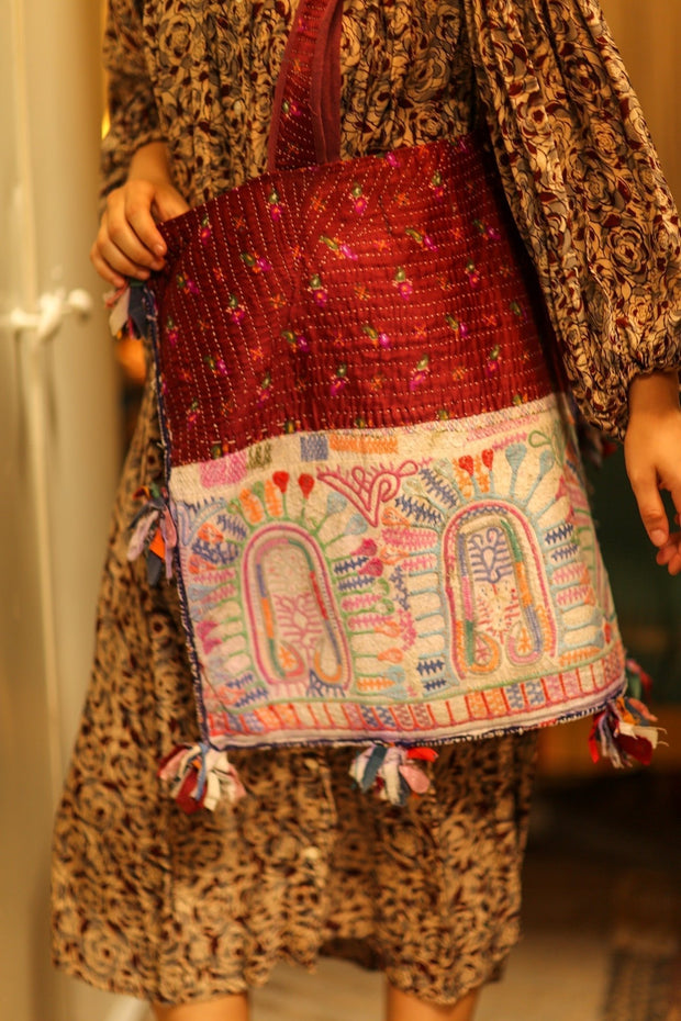 FIONA EMBROIDERED PATCHWORK BAG - sustainably made MOMO NEW YORK sustainable clothing, bag slow fashion