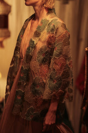 FLO SEQUINED EMBROIDERED SHORT KIMONO BLUE - sustainably made MOMO NEW YORK sustainable clothing, embellished slow fashion