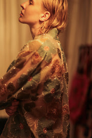 FLO SEQUINED EMBROIDERED SHORT KIMONO BLUE - sustainably made MOMO NEW YORK sustainable clothing, embellished slow fashion