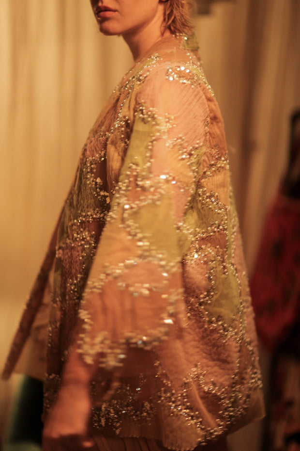 FLO SEQUINED EMBROIDERED SHORT KIMONO MAPS - sustainably made MOMO NEW YORK sustainable clothing, embellished slow fashion