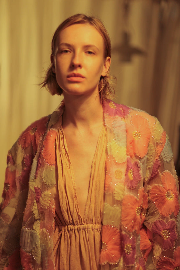 FLO SEQUINED EMBROIDERED SHORT KIMONO PINK - sustainably made MOMO NEW YORK sustainable clothing, embellished slow fashion