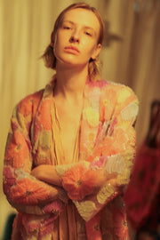 FLO SEQUINED EMBROIDERED SHORT KIMONO PINK - sustainably made MOMO NEW YORK sustainable clothing, embellished slow fashion