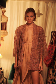 FLO SEQUINED EMBROIDERED SHORT KIMONO VERY PINK - sustainably made MOMO NEW YORK sustainable clothing, embellished slow fashion