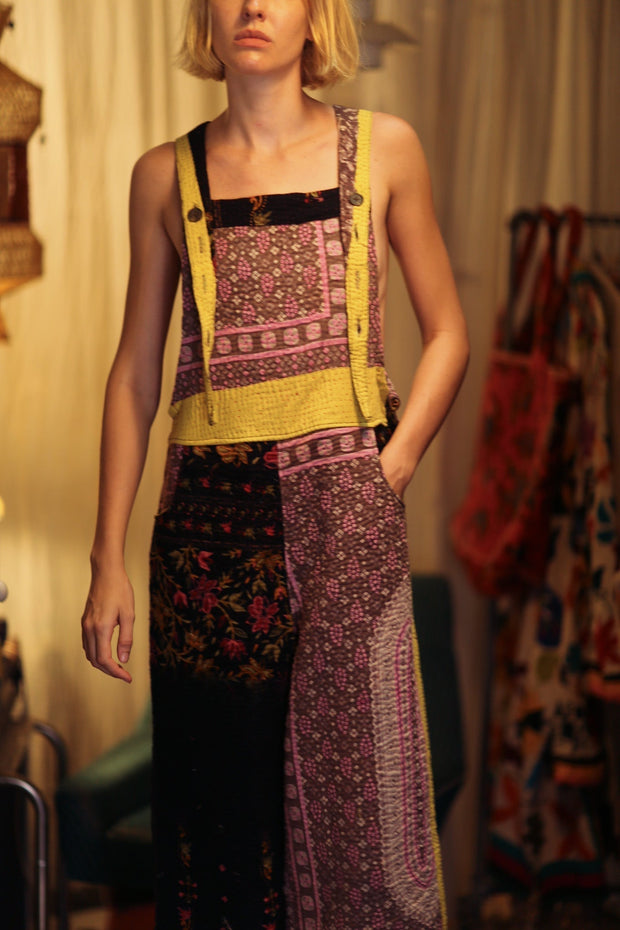 FREYA EMBROIDERED KANTHA DUNGAREES GRAPES - sustainably made MOMO NEW YORK sustainable clothing, embroidered slow fashion