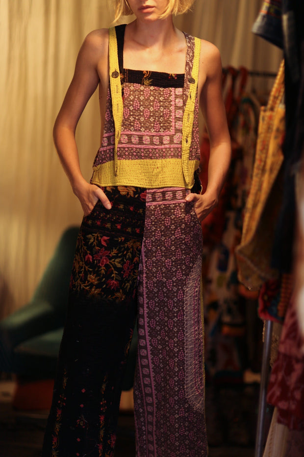 FREYA EMBROIDERED KANTHA DUNGAREES GRAPES - sustainably made MOMO NEW YORK sustainable clothing, embroidered slow fashion