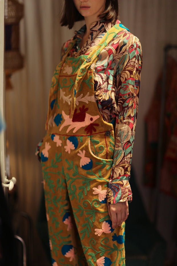 FREYA EMBROIDERED OVERALL MUSTARD - sustainably made MOMO NEW YORK sustainable clothing, jumpsuit slow fashion