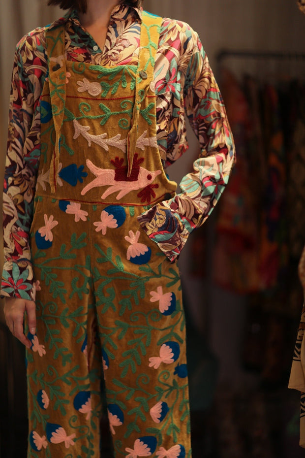 FREYA EMBROIDERED OVERALL MUSTARD - sustainably made MOMO NEW YORK sustainable clothing, jumpsuit slow fashion
