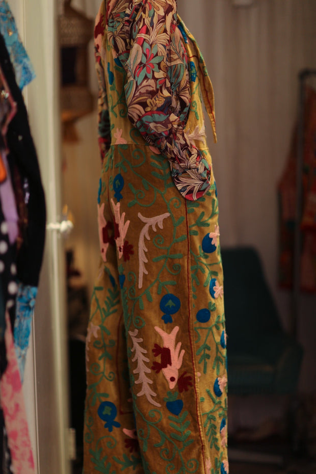 FREYA EMBROIDERED OVERALL MUSTARD - sustainably made MOMO NEW YORK sustainable clothing, jumpsuit slow fashion