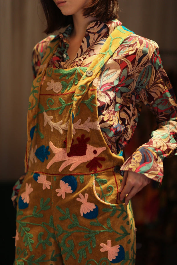 FREYA EMBROIDERED OVERALL MUSTARD - sustainably made MOMO NEW YORK sustainable clothing, jumpsuit slow fashion