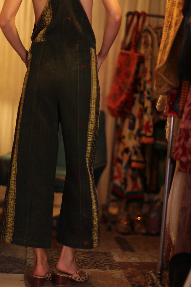 FREYA OVERALL EMBROIDERED KANTHA FOREST GREEN - sustainably made MOMO NEW YORK sustainable clothing, embroidered slow fashion