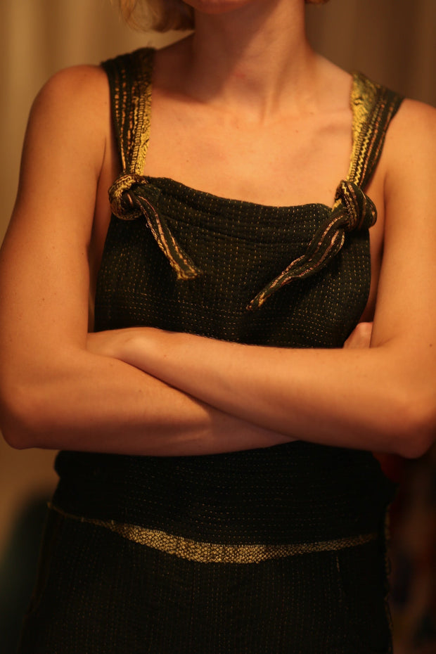 FREYA OVERALL EMBROIDERED KANTHA FOREST GREEN - sustainably made MOMO NEW YORK sustainable clothing, embroidered slow fashion