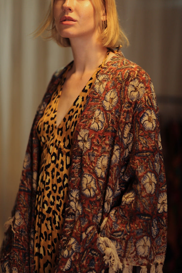 FRINGED JACKET BLUE FLOWERS - sustainably made MOMO NEW YORK sustainable clothing, Bohemian Chic slow fashion