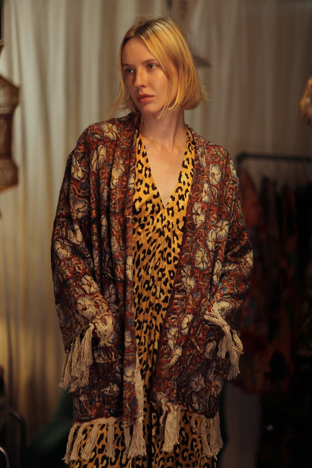 FRINGED JACKET BLUE FLOWERS - sustainably made MOMO NEW YORK sustainable clothing, Bohemian Chic slow fashion