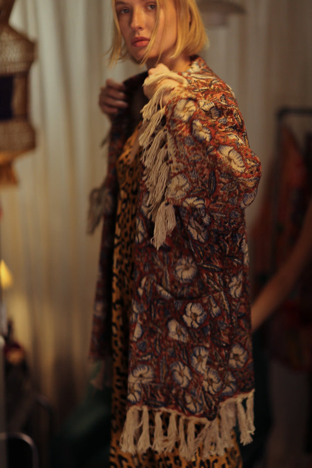 FRINGED JACKET BLUE FLOWERS - sustainably made MOMO NEW YORK sustainable clothing, Bohemian Chic slow fashion