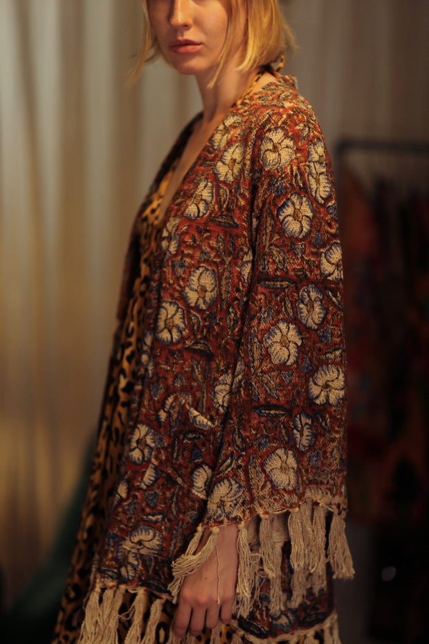 FRINGED JACKET BLUE FLOWERS - sustainably made MOMO NEW YORK sustainable clothing, Bohemian Chic slow fashion