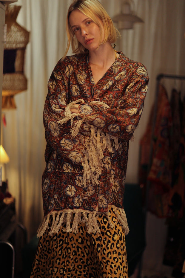 FRINGED JACKET BLUE FLOWERS - sustainably made MOMO NEW YORK sustainable clothing, Bohemian Chic slow fashion