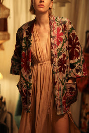 GINEVRA KANTHA EMBROIDERED KIMONO BURGUNDY - sustainably made MOMO NEW YORK sustainable clothing, embellished slow fashion
