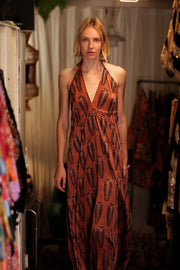 HANNAH SILK DRESS BROWN FEATHER - sustainably made MOMO NEW YORK sustainable clothing, Boho Chic Dress slow fashion