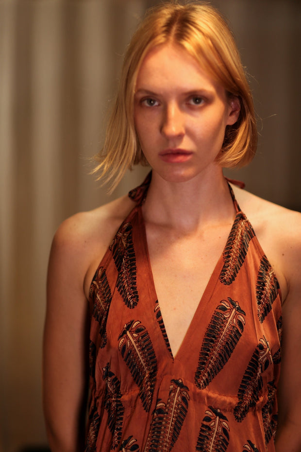 HANNAH SILK DRESS BROWN FEATHER - sustainably made MOMO NEW YORK sustainable clothing, Boho Chic Dress slow fashion