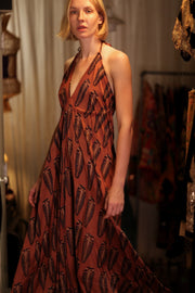 HANNAH SILK DRESS BROWN FEATHER - sustainably made MOMO NEW YORK sustainable clothing, Boho Chic Dress slow fashion