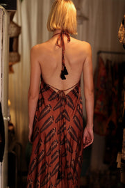 HANNAH SILK DRESS BROWN FEATHER - sustainably made MOMO NEW YORK sustainable clothing, Boho Chic Dress slow fashion