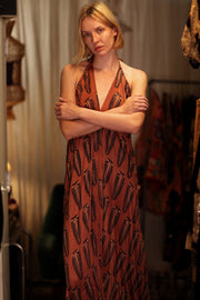 HANNAH SILK DRESS BROWN FEATHER - sustainably made MOMO NEW YORK sustainable clothing, Boho Chic Dress slow fashion