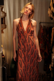 HANNAH SILK DRESS BROWN FEATHER - sustainably made MOMO NEW YORK sustainable clothing, Boho Chic Dress slow fashion