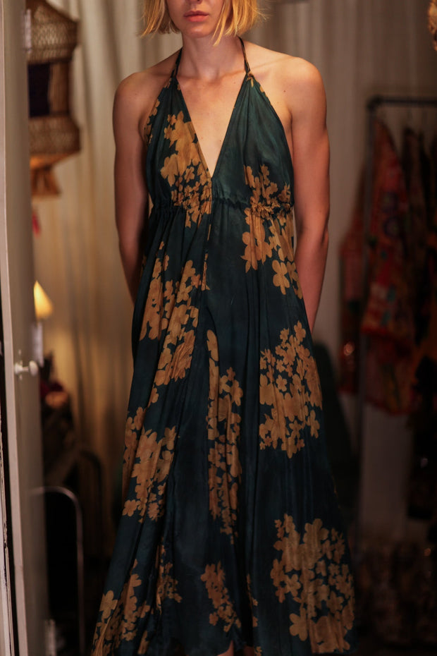 HANNAH SILK DRESS GOLDEN BOUQUET - sustainably made MOMO NEW YORK sustainable clothing, Boho Chic Dress slow fashion