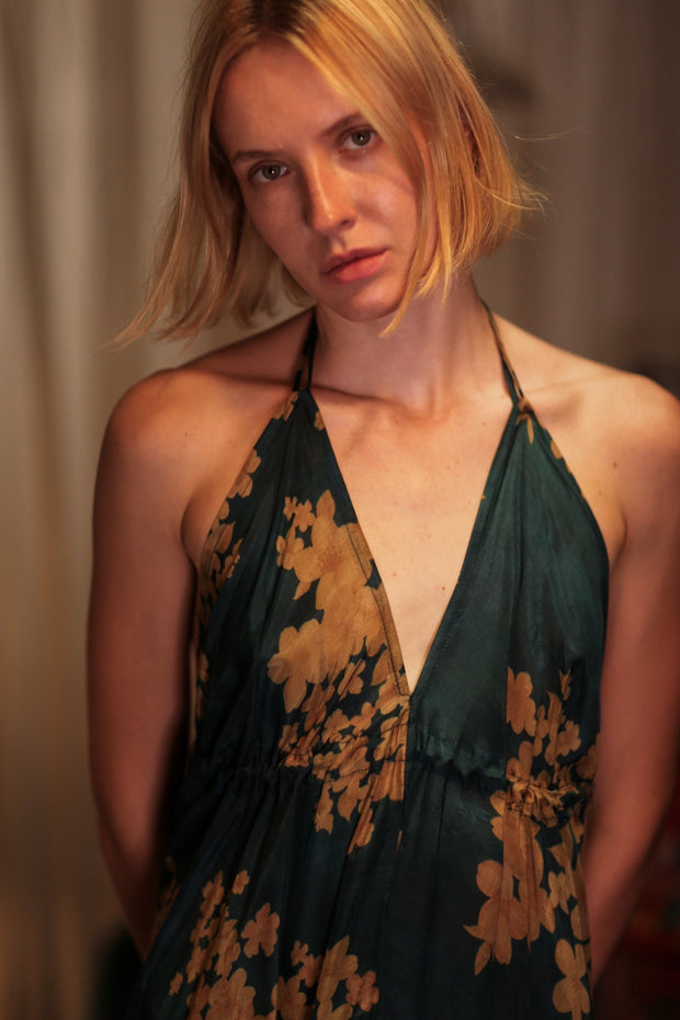 HANNAH SILK DRESS GOLDEN BOUQUET - sustainably made MOMO NEW YORK sustainable clothing, Boho Chic Dress slow fashion