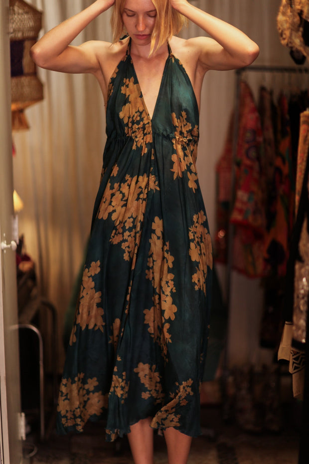 HANNAH SILK DRESS GOLDEN BOUQUET - sustainably made MOMO NEW YORK sustainable clothing, Boho Chic Dress slow fashion