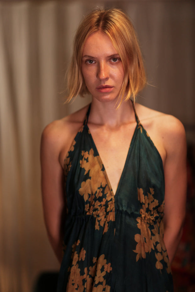 HANNAH SILK DRESS GOLDEN BOUQUET - sustainably made MOMO NEW YORK sustainable clothing, Boho Chic Dress slow fashion
