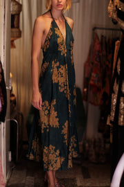 HANNAH SILK DRESS GOLDEN BOUQUET - sustainably made MOMO NEW YORK sustainable clothing, Boho Chic Dress slow fashion