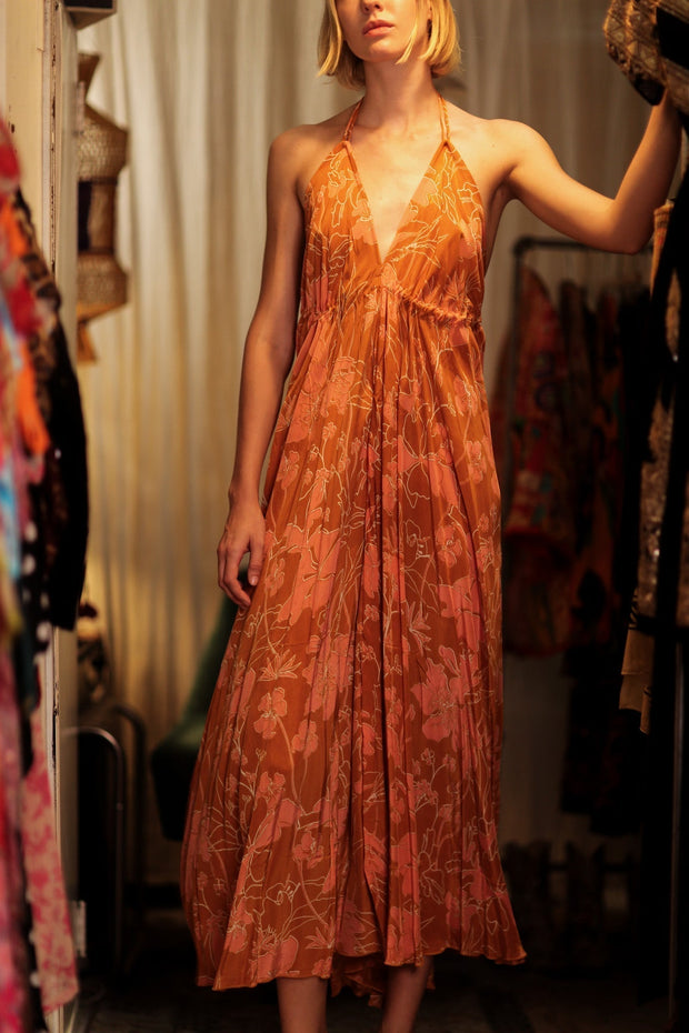 HANNAH SILK DRESS ORANGE FLOWER - sustainably made MOMO NEW YORK sustainable clothing, Boho Chic Dress slow fashion