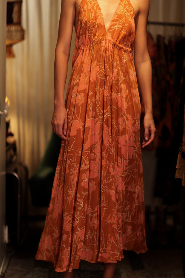 HANNAH SILK DRESS ORANGE FLOWER - sustainably made MOMO NEW YORK sustainable clothing, Boho Chic Dress slow fashion