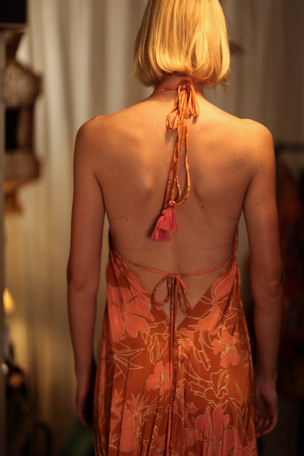 HANNAH SILK DRESS ORANGE FLOWER - sustainably made MOMO NEW YORK sustainable clothing, Boho Chic Dress slow fashion