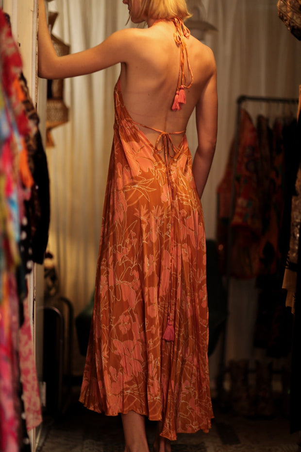 HANNAH SILK DRESS ORANGE FLOWER - sustainably made MOMO NEW YORK sustainable clothing, Boho Chic Dress slow fashion