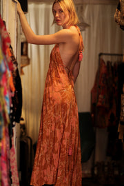 HANNAH SILK DRESS ORANGE FLOWER - sustainably made MOMO NEW YORK sustainable clothing, Boho Chic Dress slow fashion