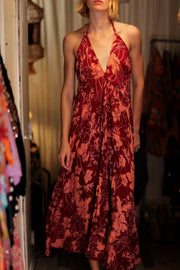 HANNAH SILK DRESS RED FLOWER - sustainably made MOMO NEW YORK sustainable clothing, Boho Chic Dress slow fashion